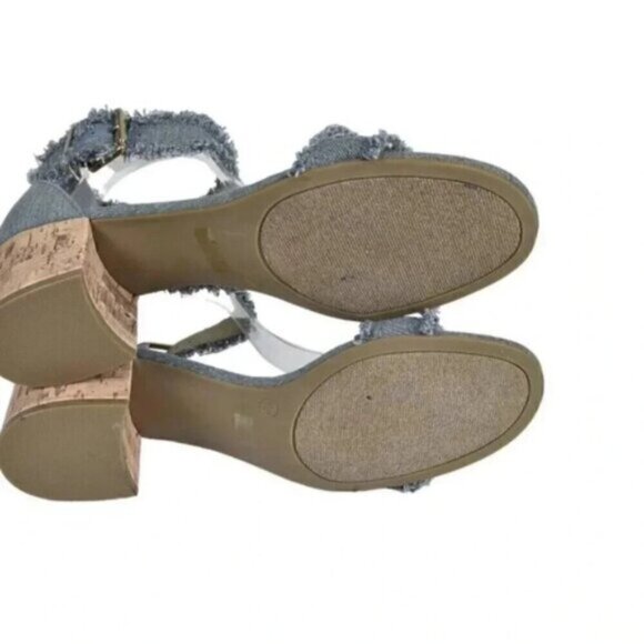 G By Guess Frayed  Denim Sandal Heel Chunky Cork Heel Open Toe Size 8.5 - Picture 11 of 16